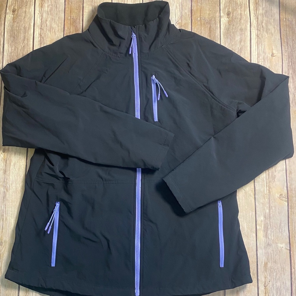 Eddie Bauer Womens Black Softshell Fleece Lined Jacket Purple Trim Jacket-L